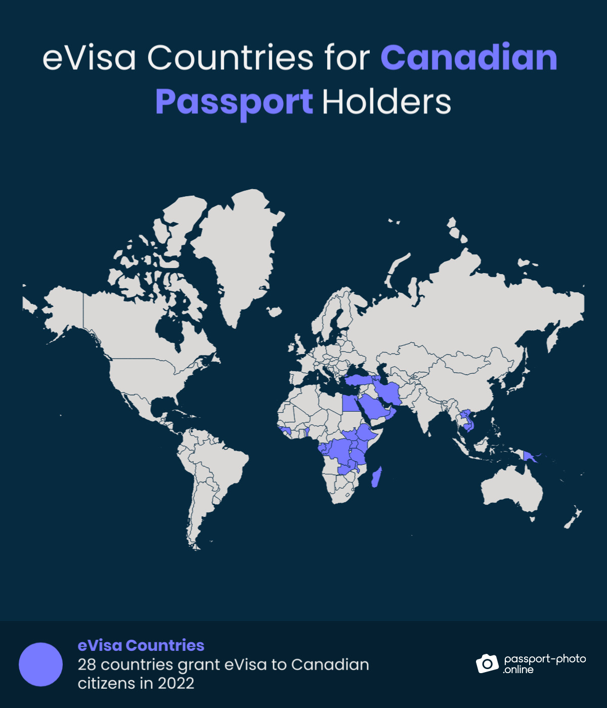 Map of countries Canadian citizens can visit with an eVisa