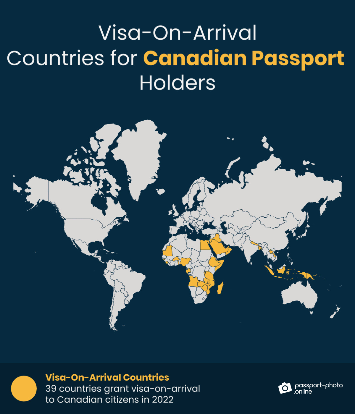 Map of countries Canadian citizens can visit with a visa on arrival