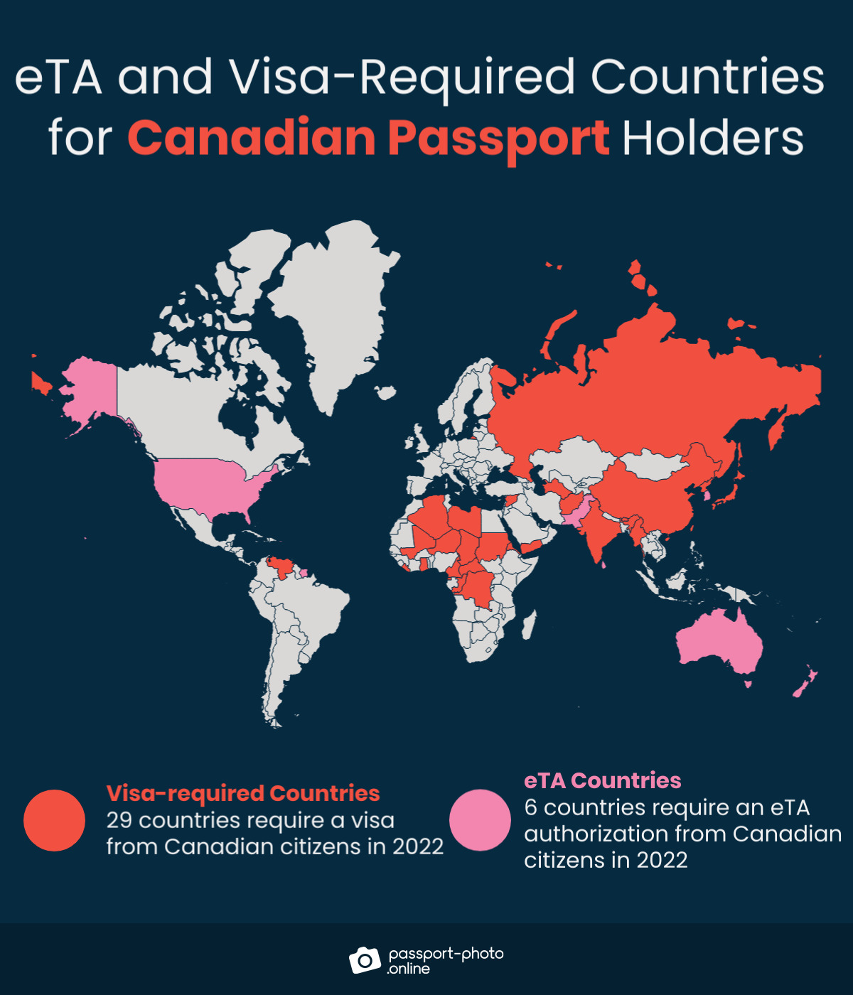 Map of countries Canadian citizens are required to have a visa or eTA to visit