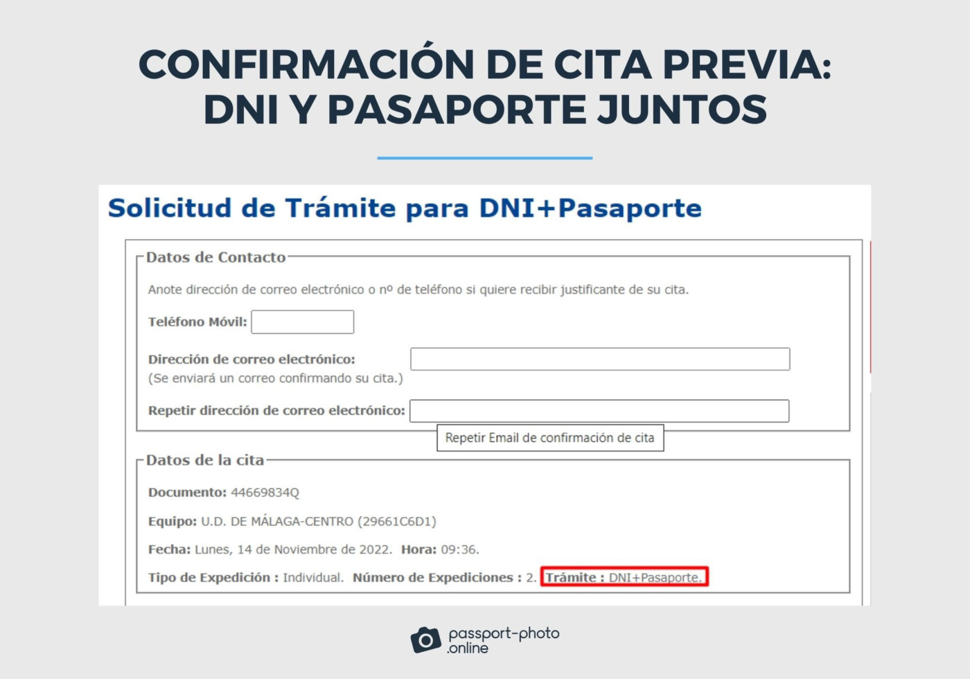 Pantalla donde se indican los datos de contacto del solicitante y datos de la cita para renovar DNI y pasaporte el mismo día.