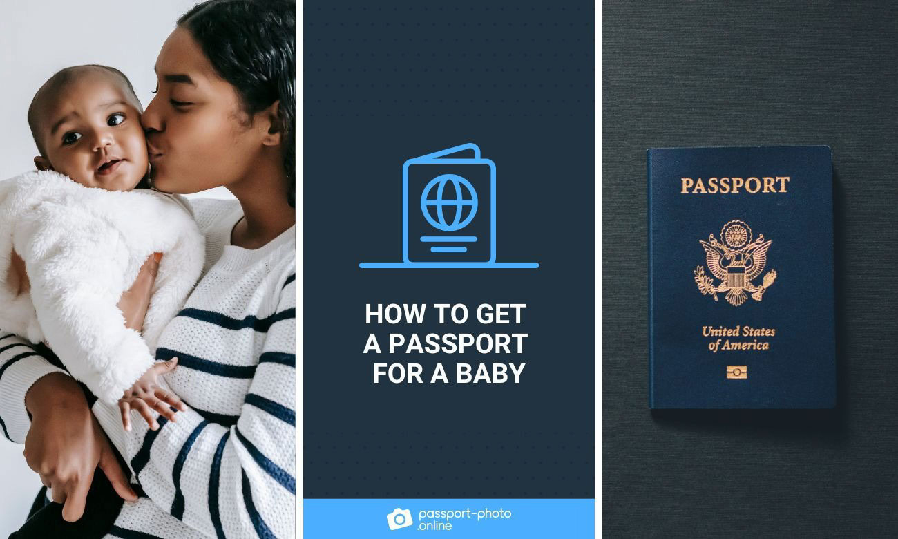 A black woman in a striped sweater holds her baby in her arms, happy after applying for a newborn passport, which sits on a dark grey desk.