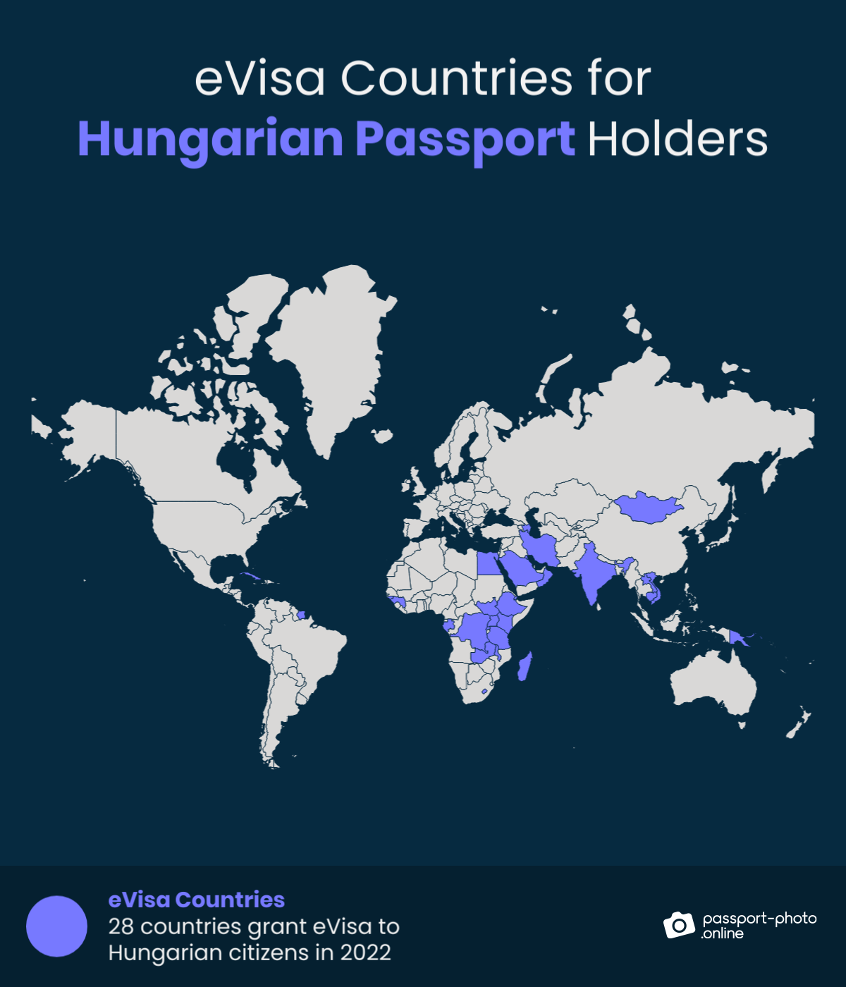 Map of countries Hungarian citizens can visit with an eVisa