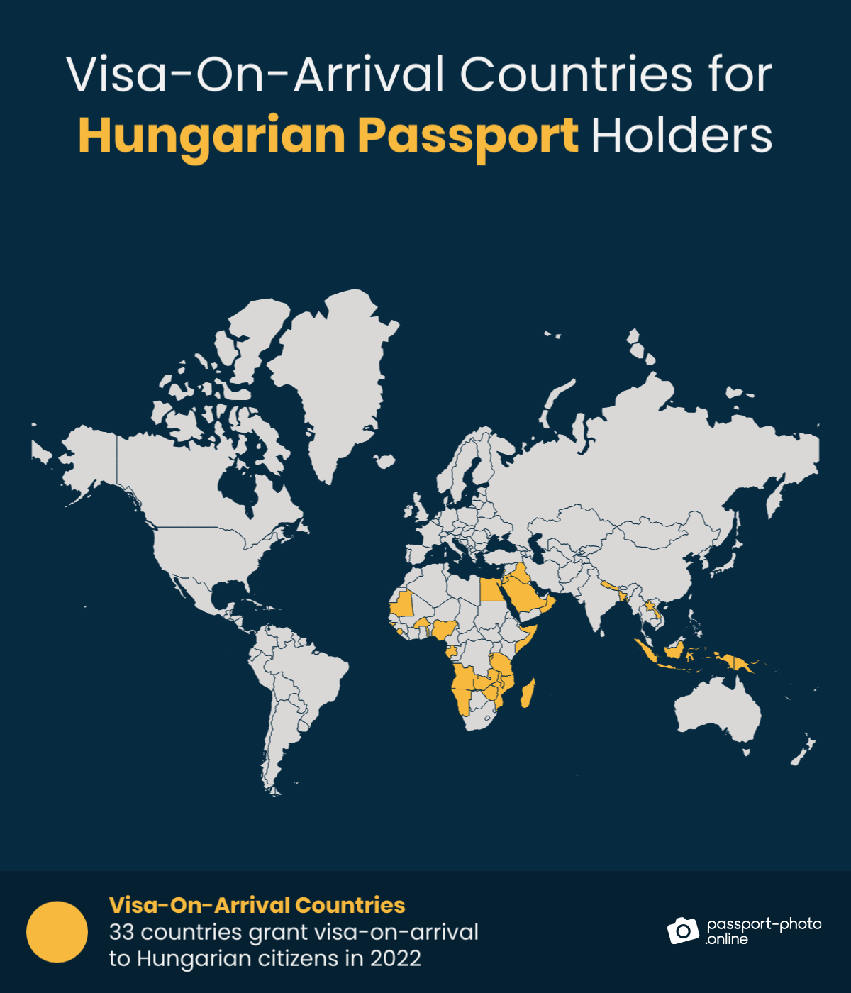 Map of countries hungarian citizens can visit with a visa on arrival
