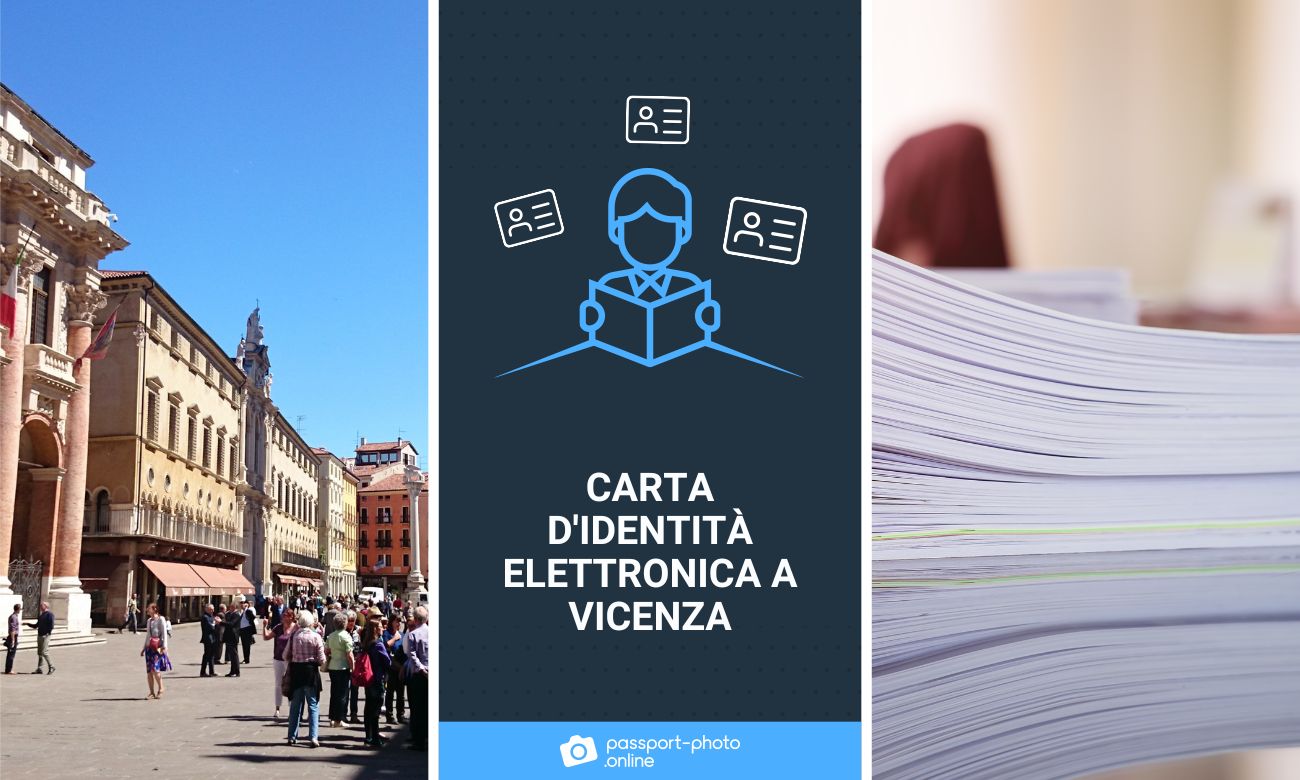 una vista di Piazza dei Signori a Vicenza e i moduli per la carta d’identità elettronica.