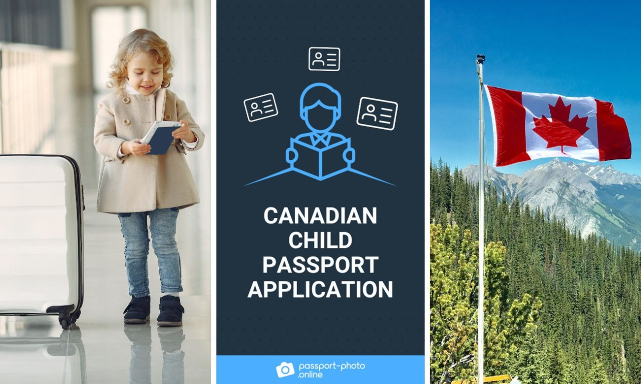 a child with suitcase and a new Canadian passport, a Canadian flag waving against a mountainous landscape