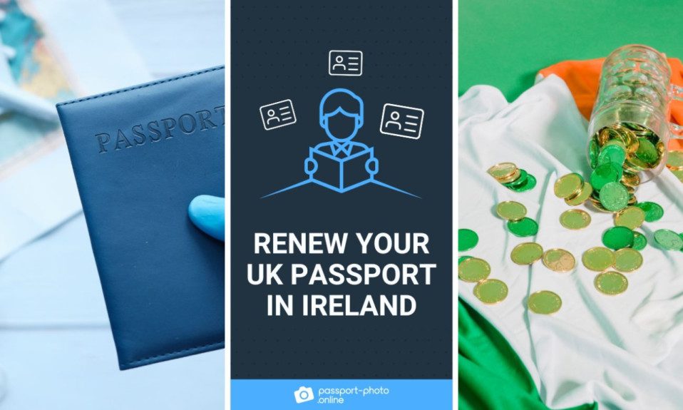 a current UK passport book handed to renew, an Irish flag with a glass mug and coins on it