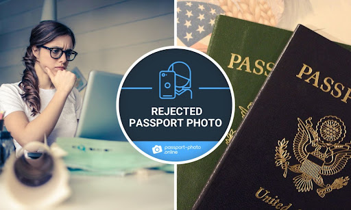 a worried woman with glasses looking at the computer after passport photo rejection, two U.S. passport books