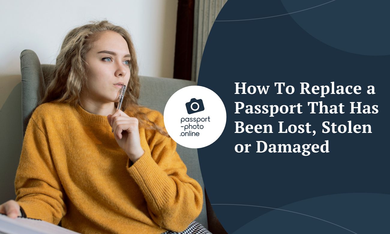 A young blonde with light blue eyes and wearing a mustard-colored sweater holds her pen with a blank stare, thinking about how to replace a lost, stolen or damaged passport.