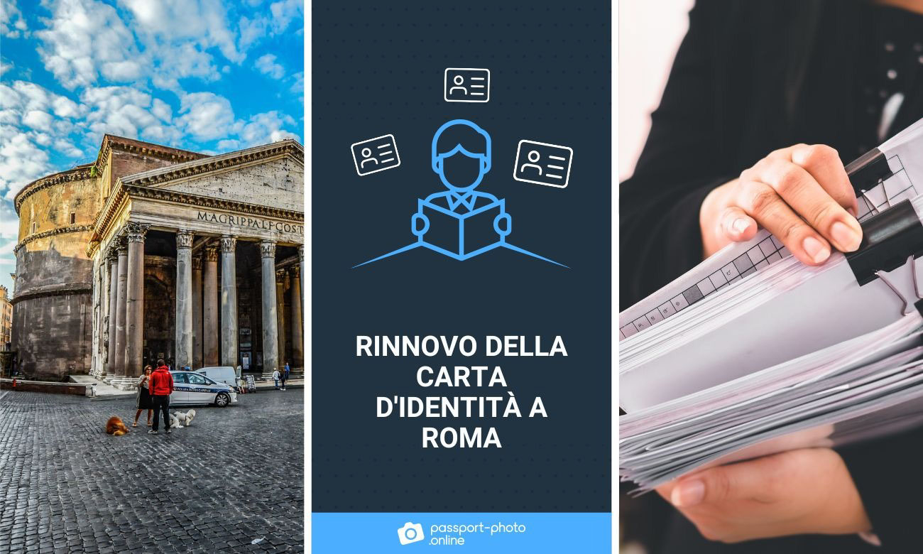 una vista del Pantheon e una donna che sfoglia i moduli per il rinnovo della carta d’identità a Roma.
