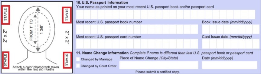 A rectangle section of the U.S. passport renewal application showing where to staple the passport photo on the form