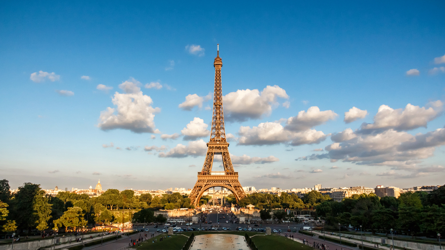 The Eiffel Tower with blue sky, landmark of Paris, France