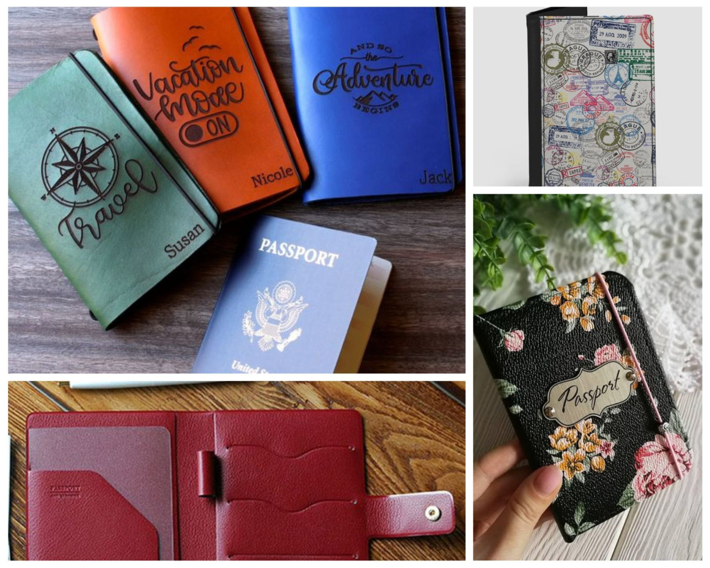 the image shows many passport covers with different colors and materials and even floral designs.