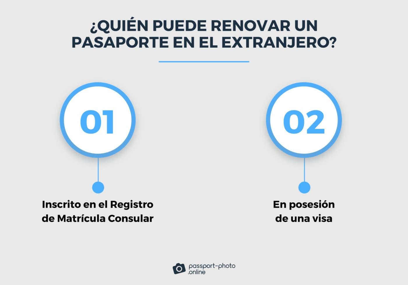 Una infografía destaca quiénes pueden renovar un pasaporte en el extranjero, señalando tan solo dos opciones. Los colores grises y azulados predominan.