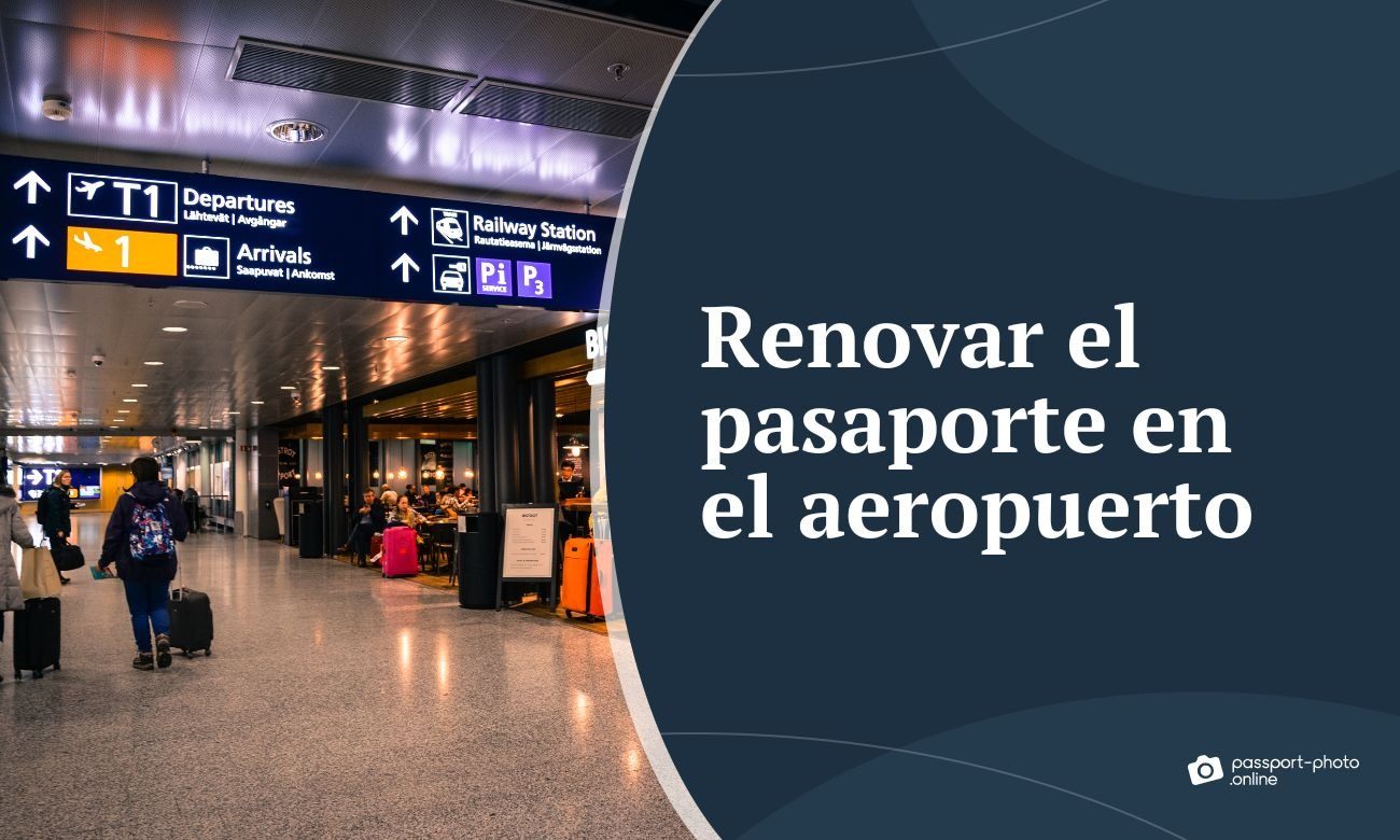La imagen muestra el interior de un aeropuerto y un panel con indicaciones para el viajero, quien busca la oficina de expedición para renovar el pasaporte en el aeropuerto.