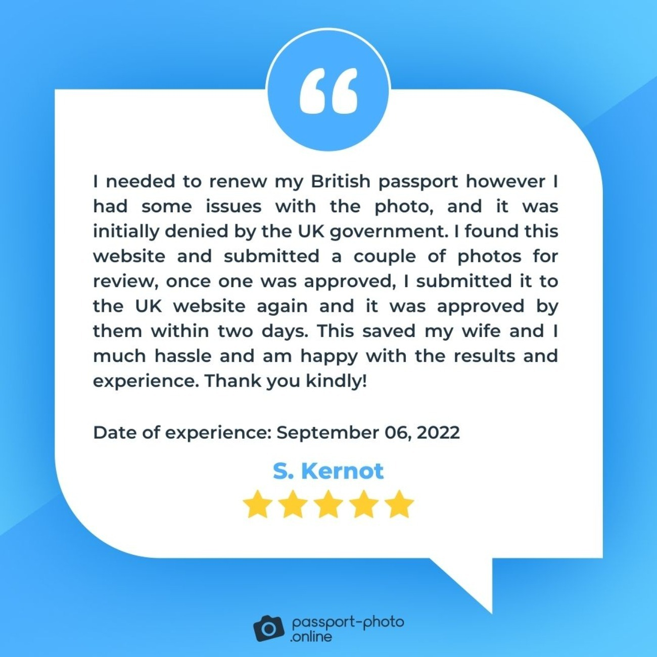 A happy customer mentioning Passport Photo Online for British passport renewal.