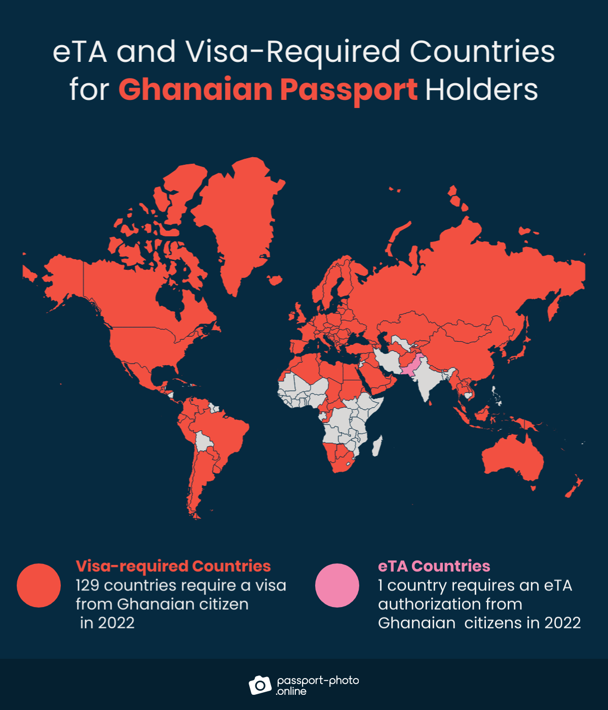 Map of countries Ghanaian citizens are required to have a visa or eTA to visit