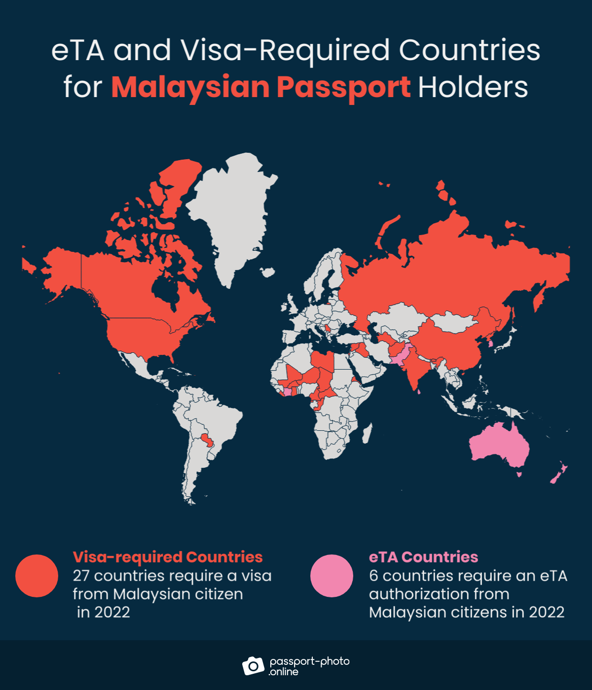 Map of countries Malaysian citizens are required to have a visa or eTA to visit