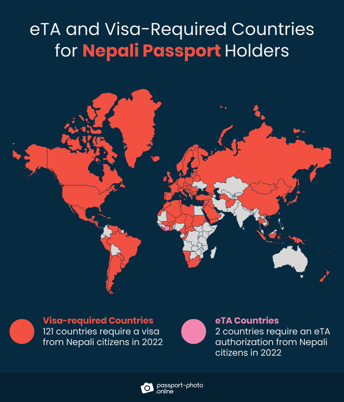 Map of countries Nepali citizens are required to have a visa or eTA to visit