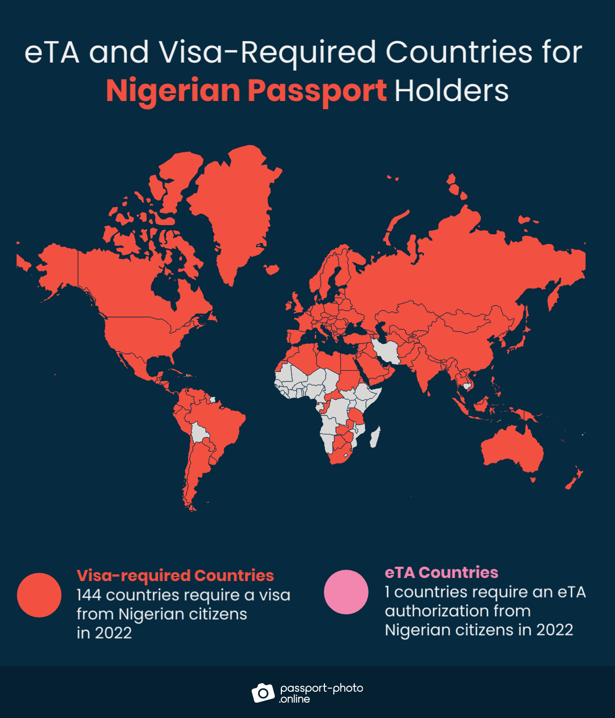 Map of countries Nigerian citizens are required to have a visa or eTA to visit