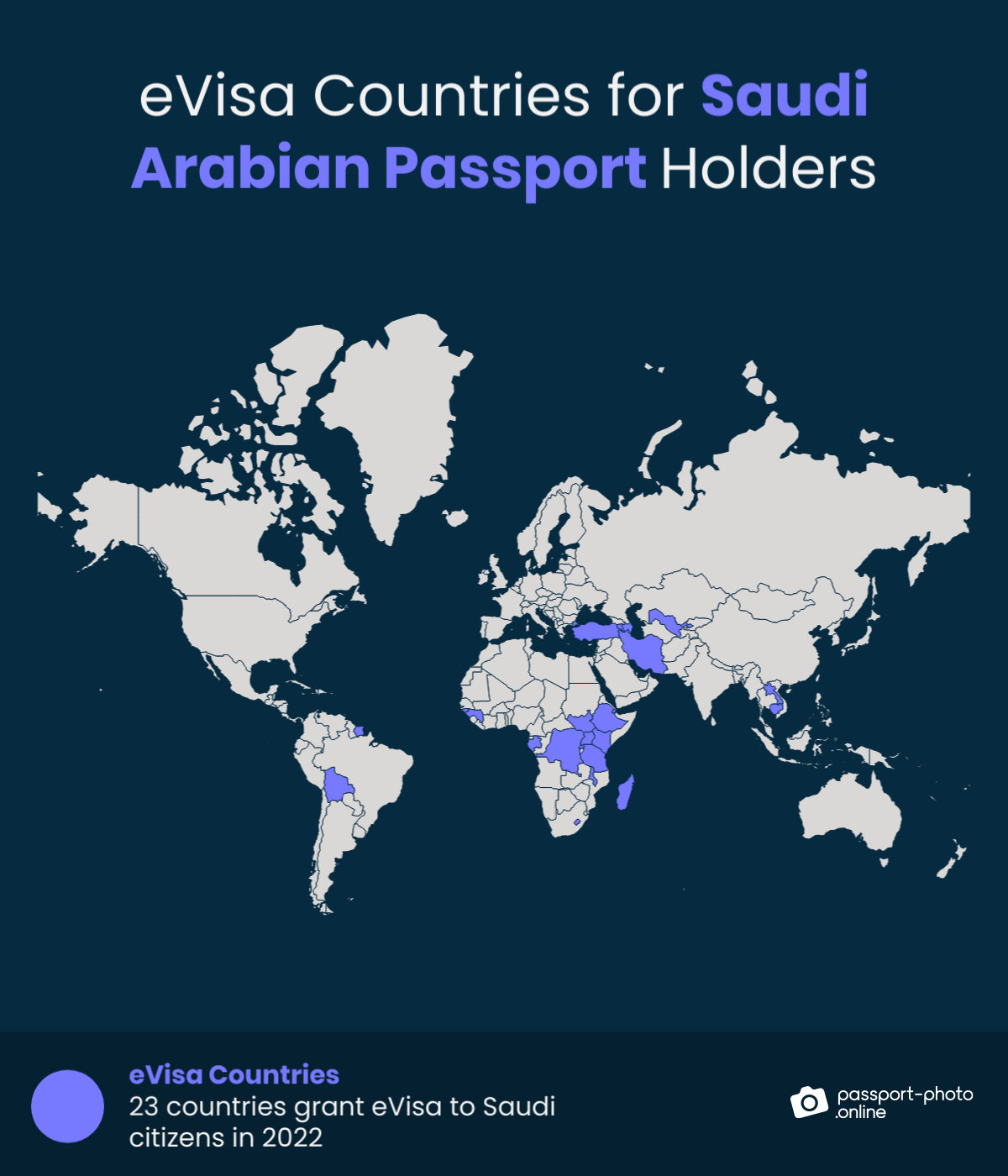 Map of countries Saudi Arabian citizens can visit with an eVisa
