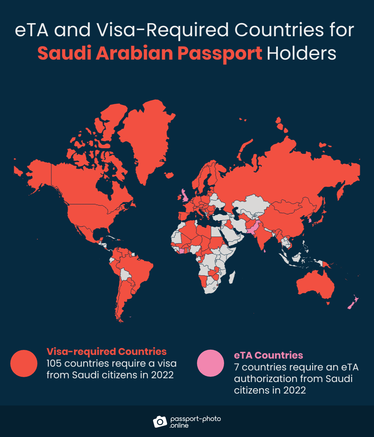 Map of countries Saudi Arabian citizens are required to have a visa or eTA to visit