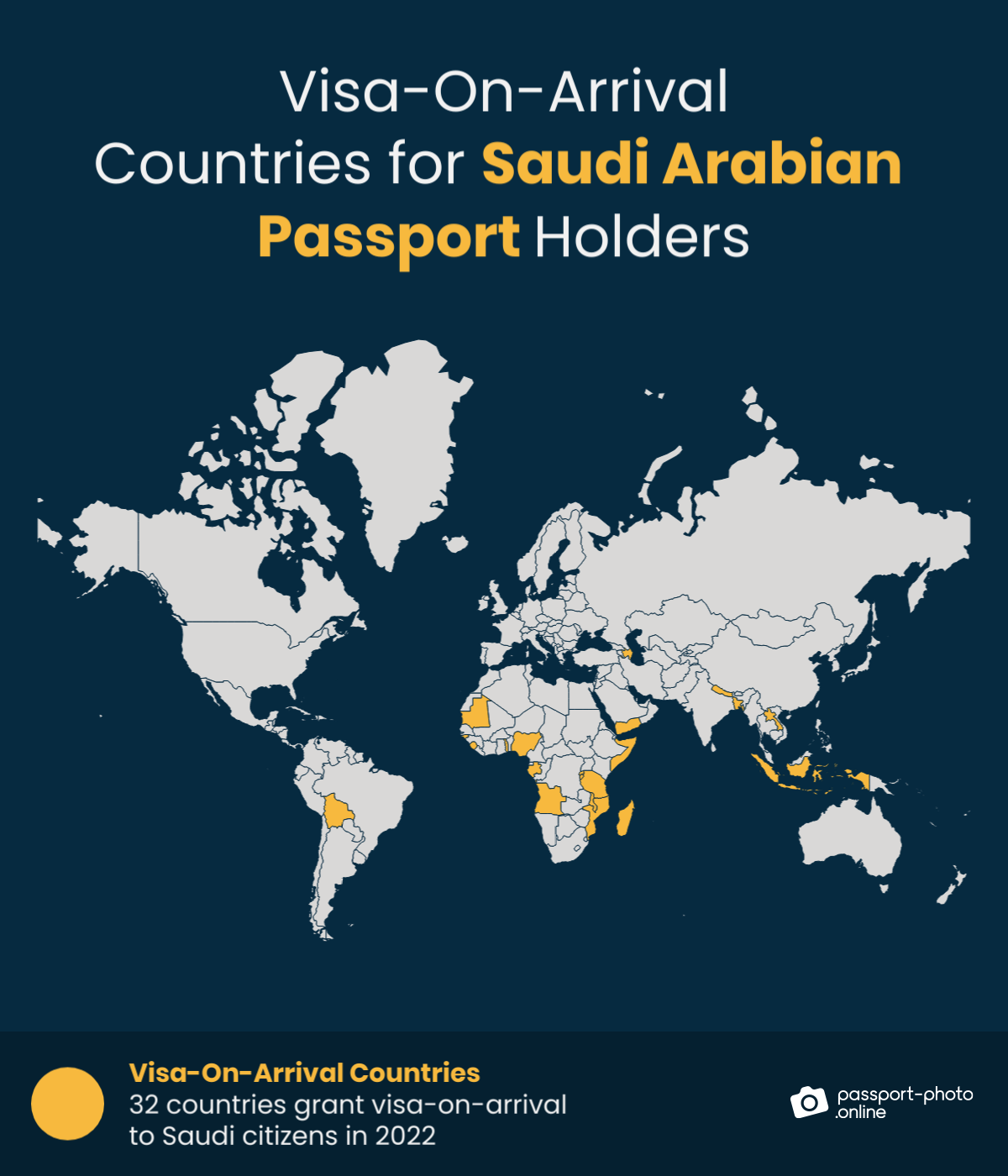 Map of countries Saudi Arabian citizens can visit with a visa on arrival