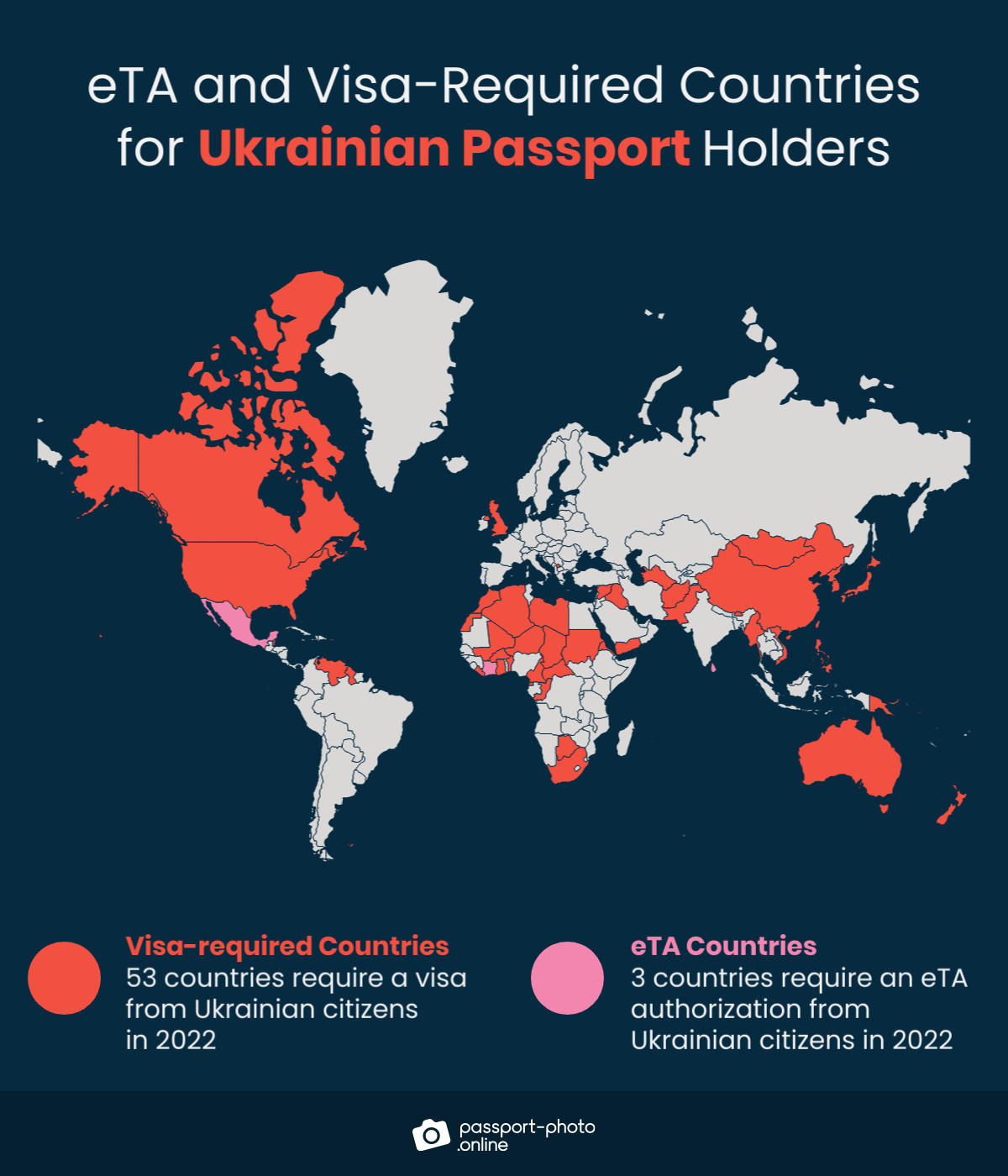 Map of countries Ukrainian citizens are required to have a visa or eTA to visit