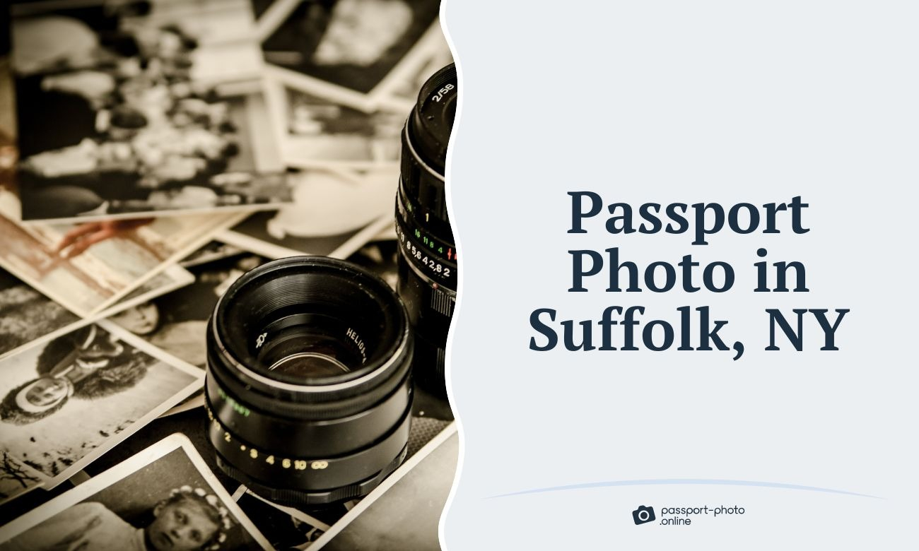 Two camera lenses and a stack of passport photos in Suffolk, NY