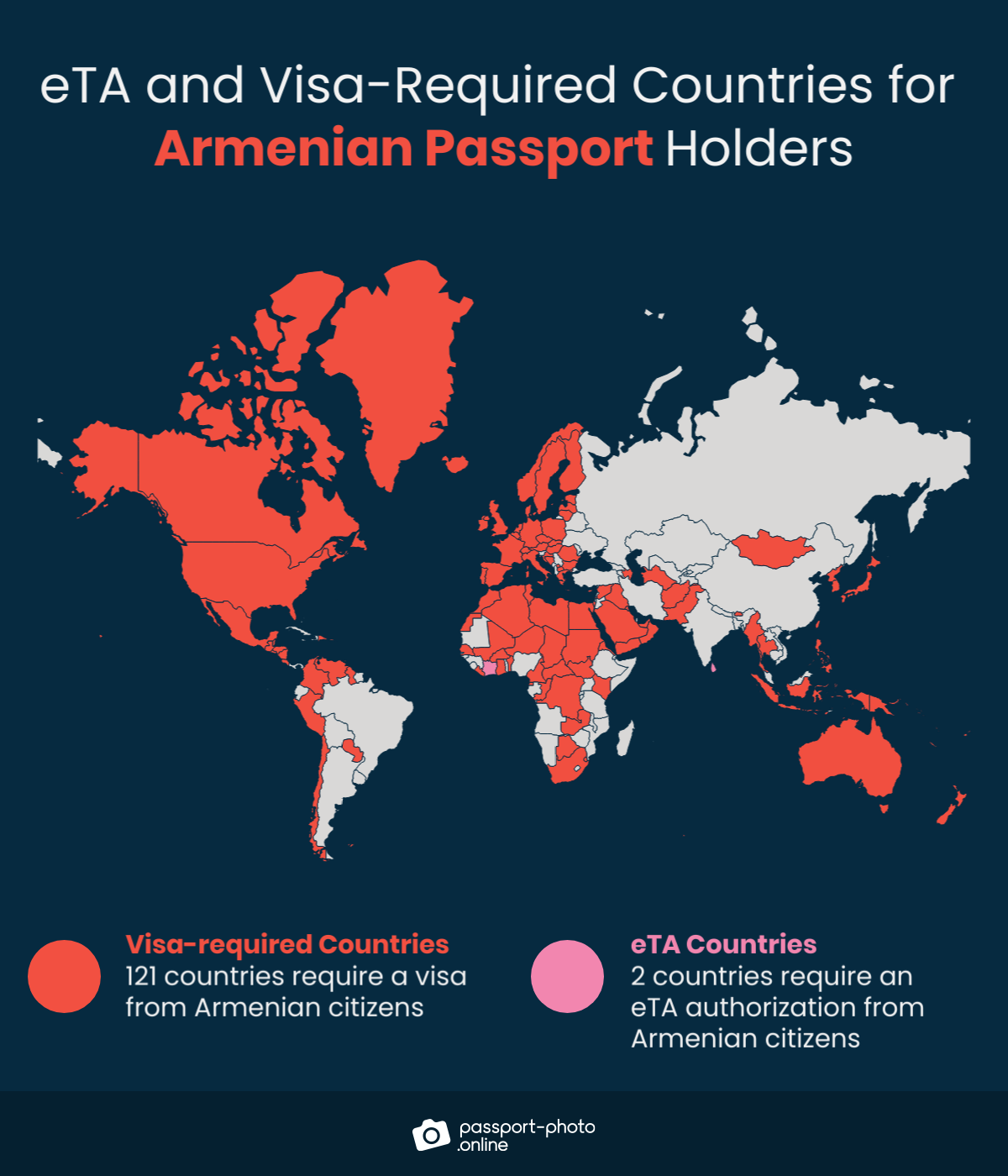 Map of countries Armenian citizens are required to have a visa or eTA to visit