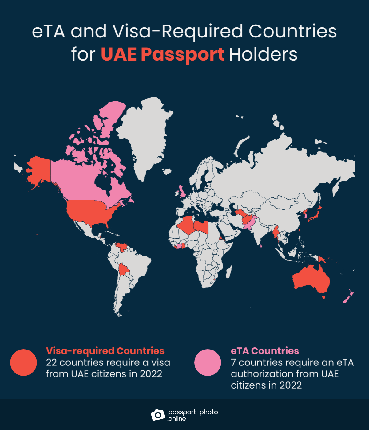 Map of countries Emirati citizens are required to have a visa or eTA to visit