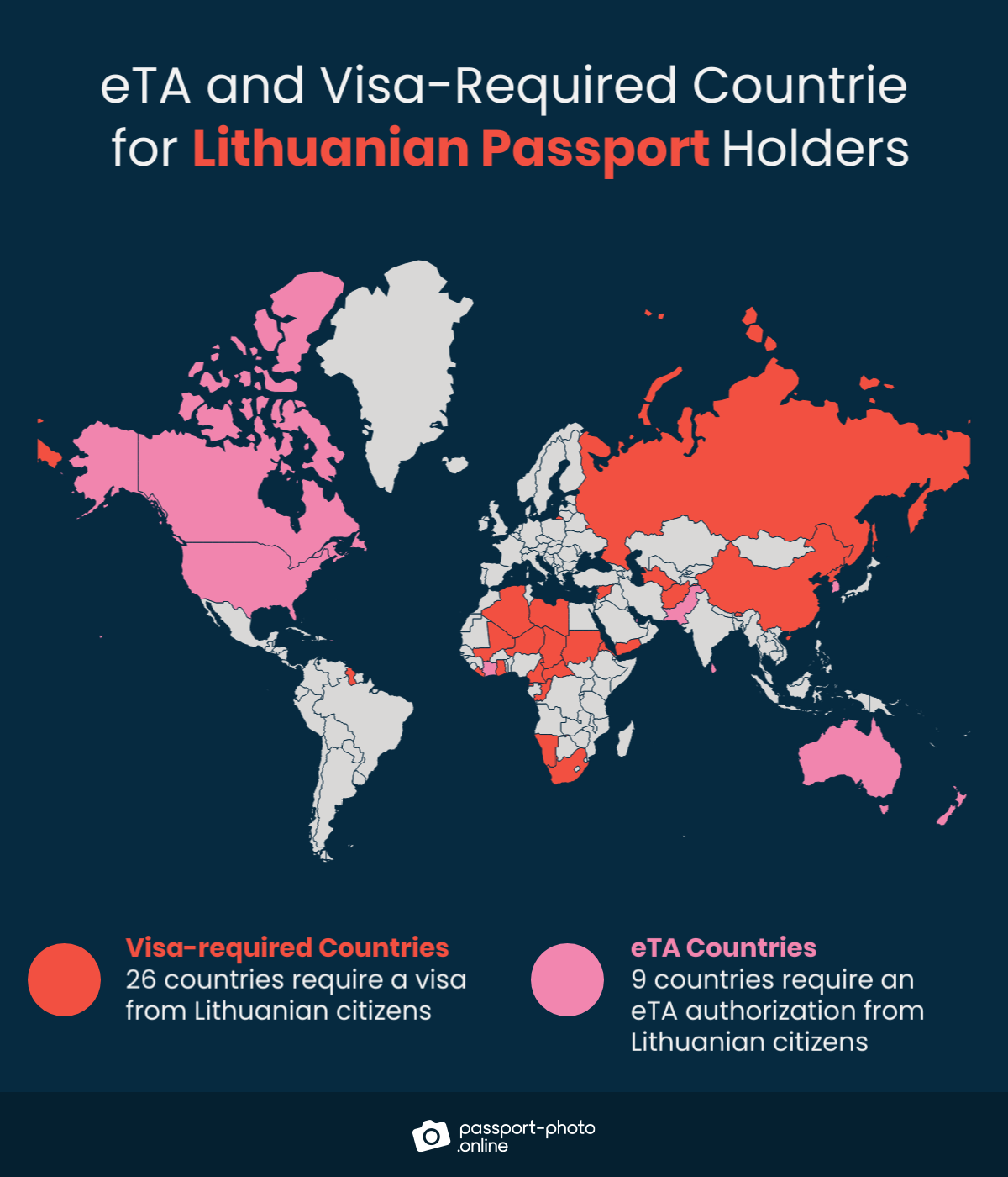 Map of countries Lithuanian citizens are required to have a visa or eTA to visit