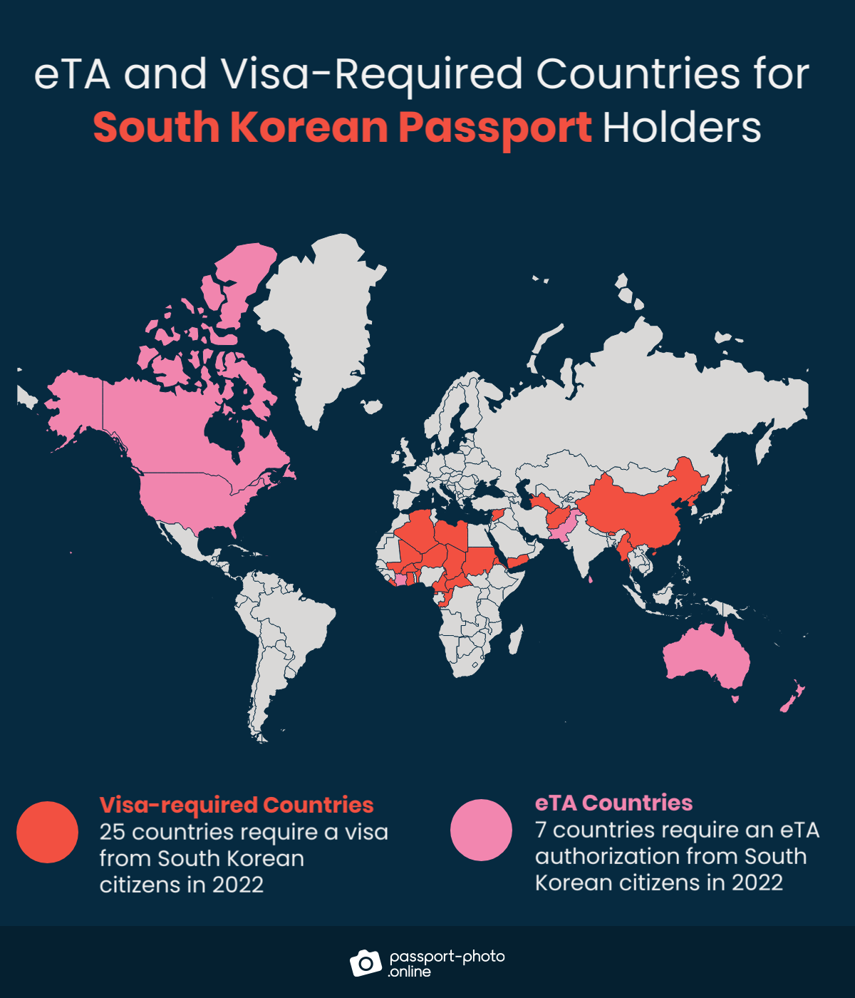 Map of countries South Korean citizens are required to have a visa or eTA to visit