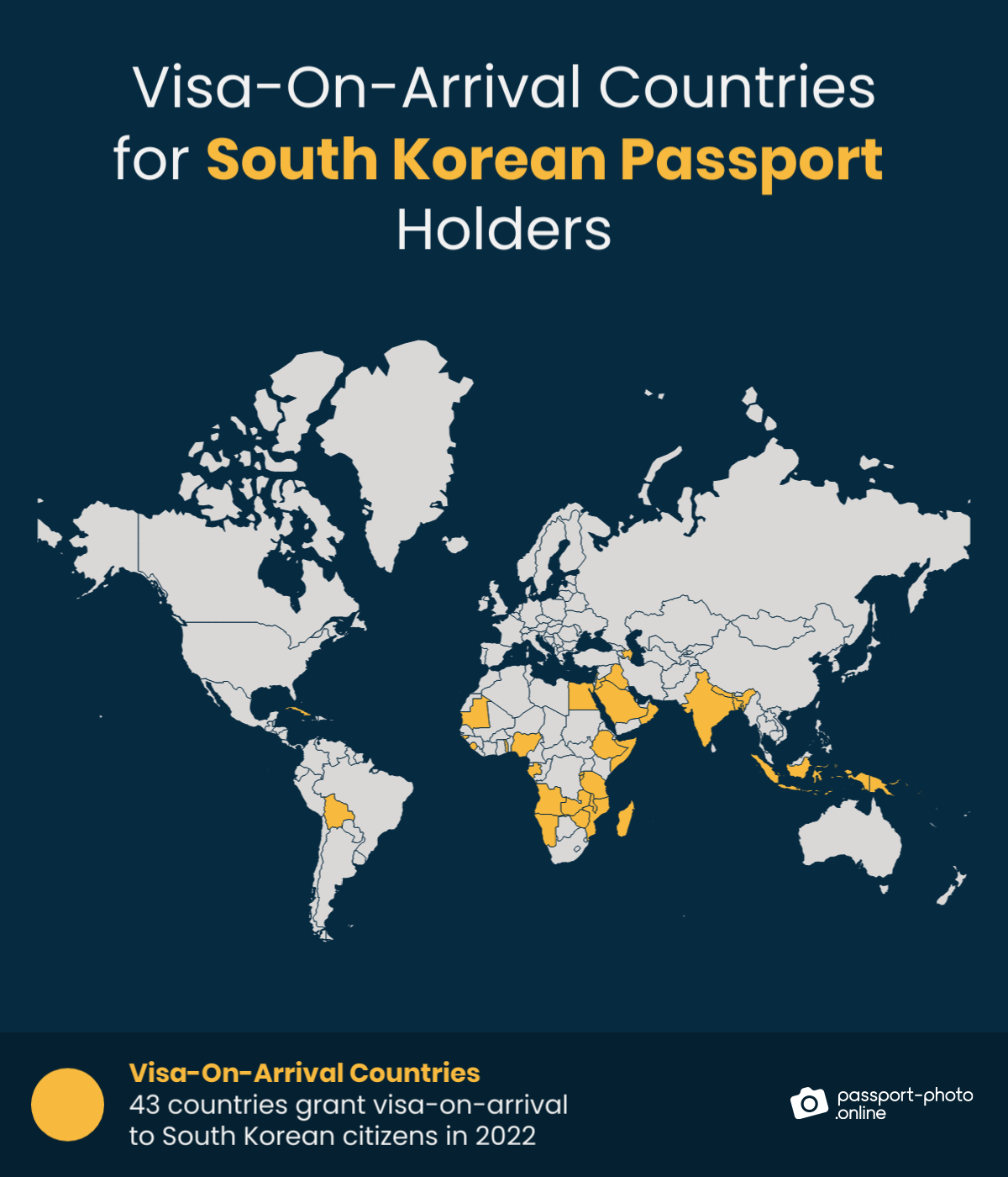 Map of countries South Korean citizens can visit with a visa on arrival