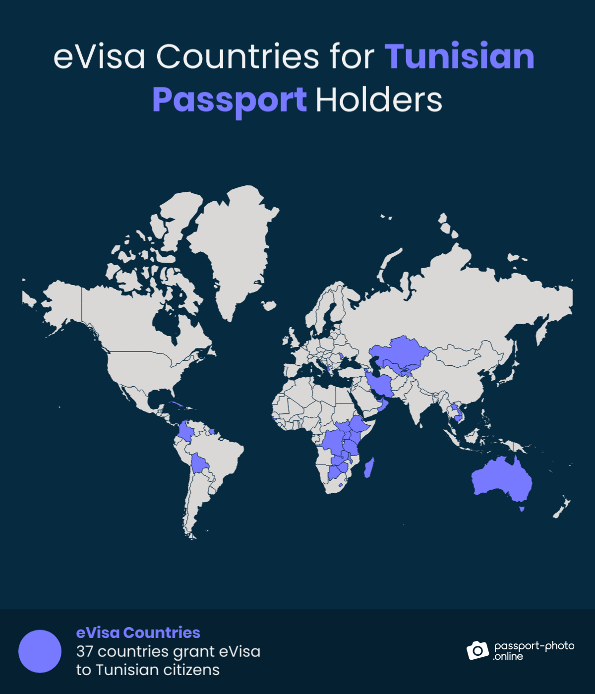 Map of countries Tunisian citizens can visit with an eVisa