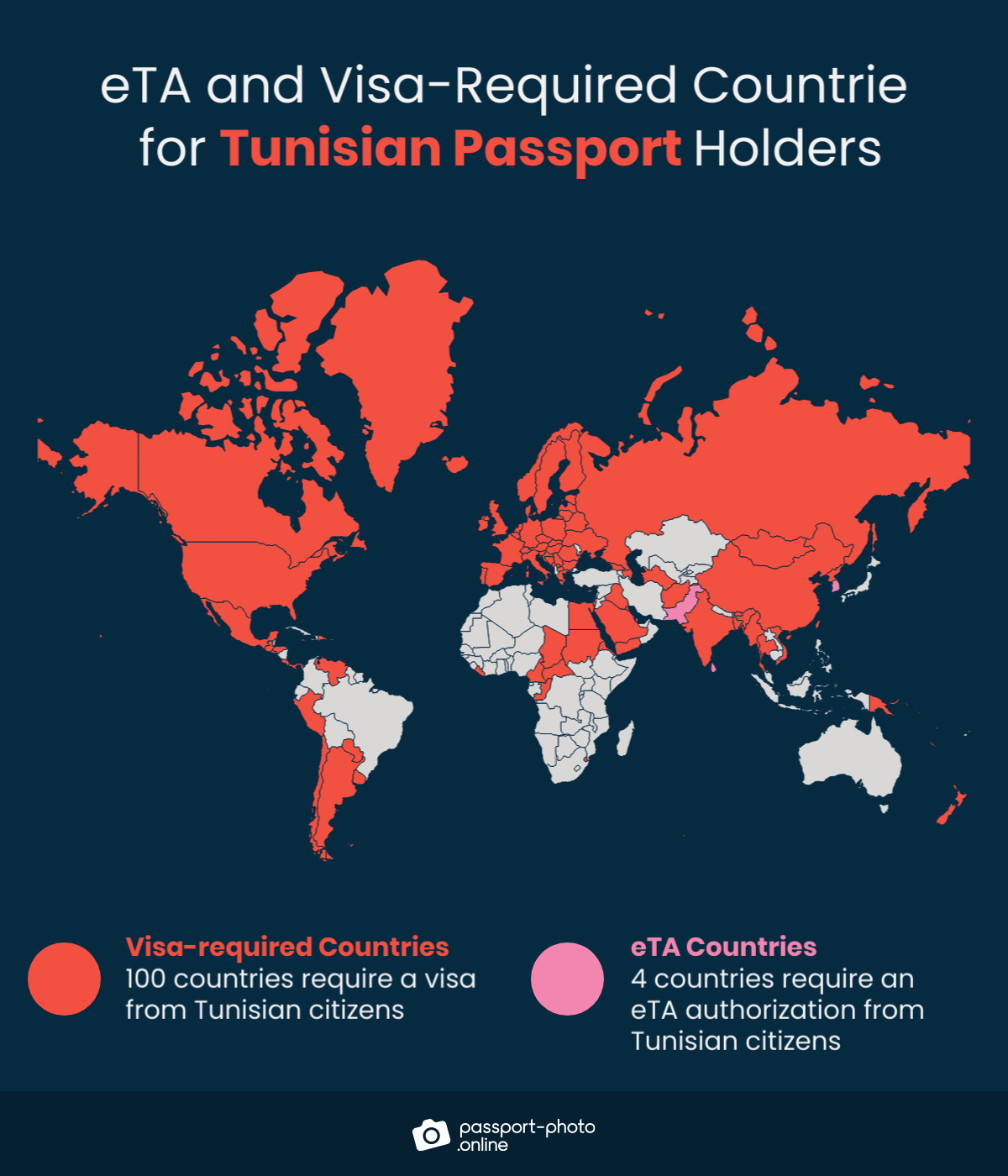 Map of countries Tunisian citizens are required to have a visa or eTA to visit