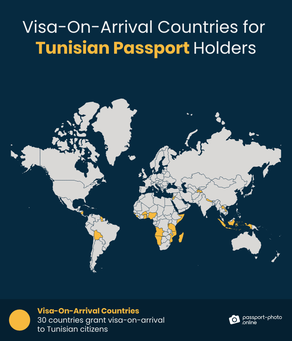 Map of countries Tunisian citizens can visit with a visa on arrival