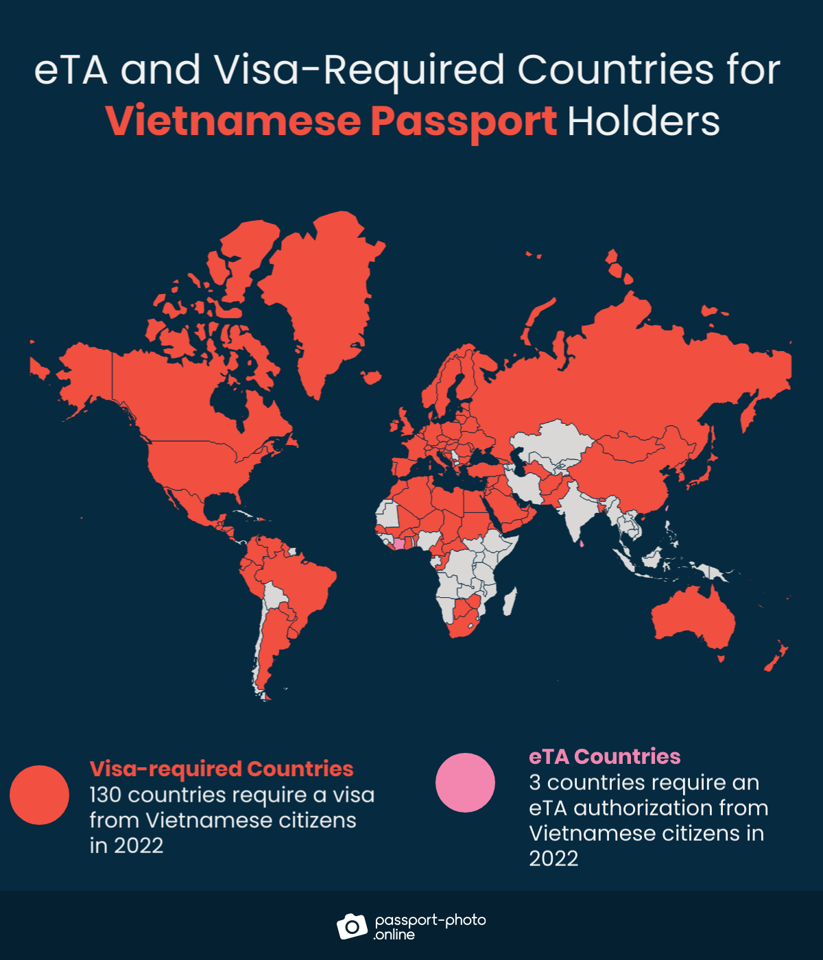 Map of countries Vietnamese citizens are required to have a visa or eTA to visit