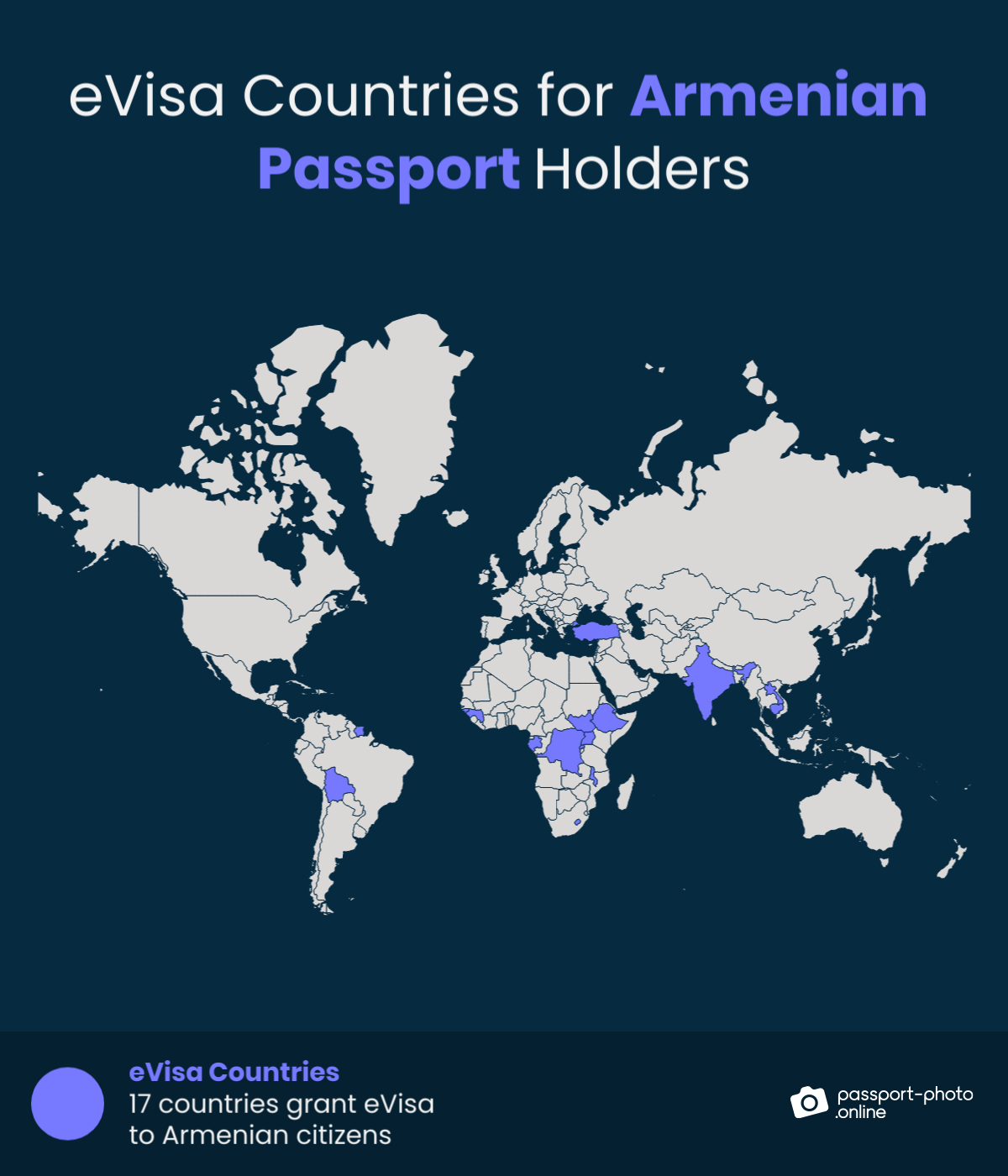 Map of countries Armenian citizens can visit with an eVisa
