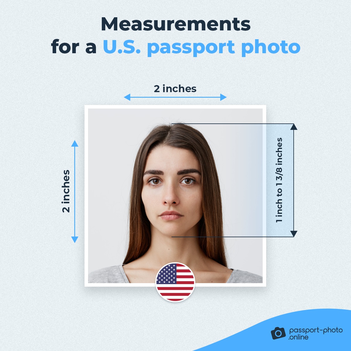 Measurements for a U.S. passport-style photo.