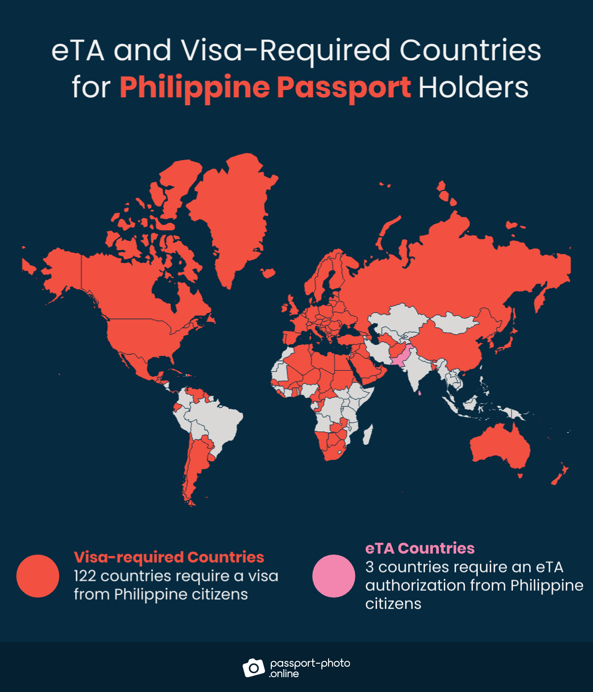 Map of countries Philippine citizens are required to have a visa or eTA to visit