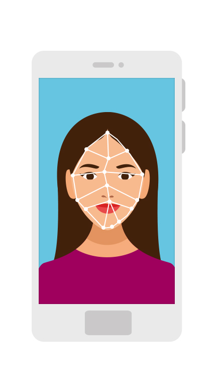 La imagen muestra la representación animada de una chica tomando una foto carnet. El móvil reconoce sus rasgos faciales y enfoca su rostro correctamente.