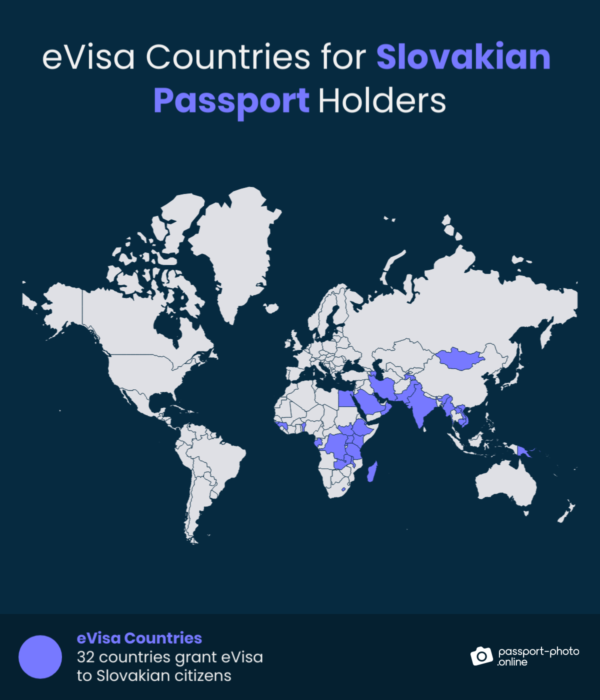 Map of countries Slovakian citizens can visit with an eVisa