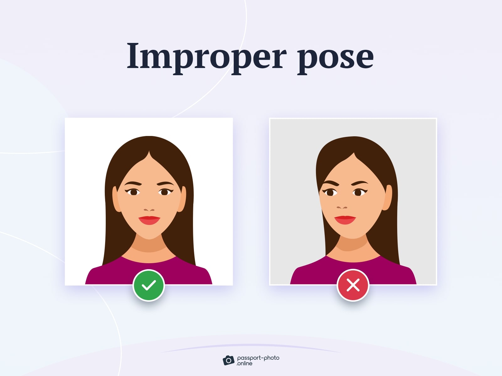 A representation of accepted and improper pose for passport photos.