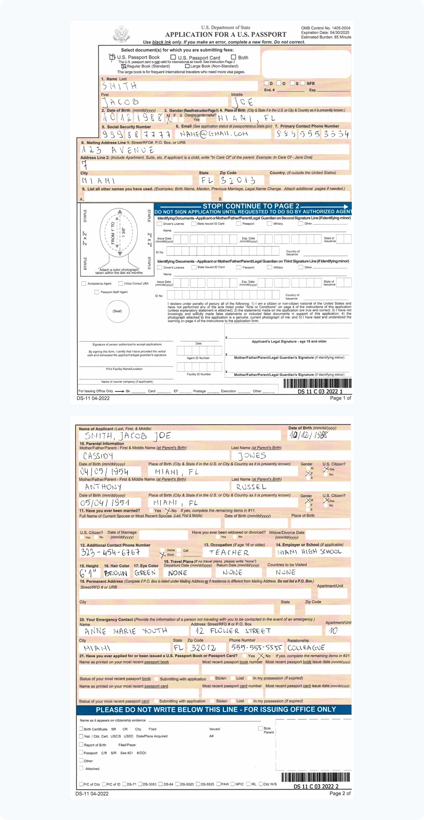 Example of a filled-out form DS-11