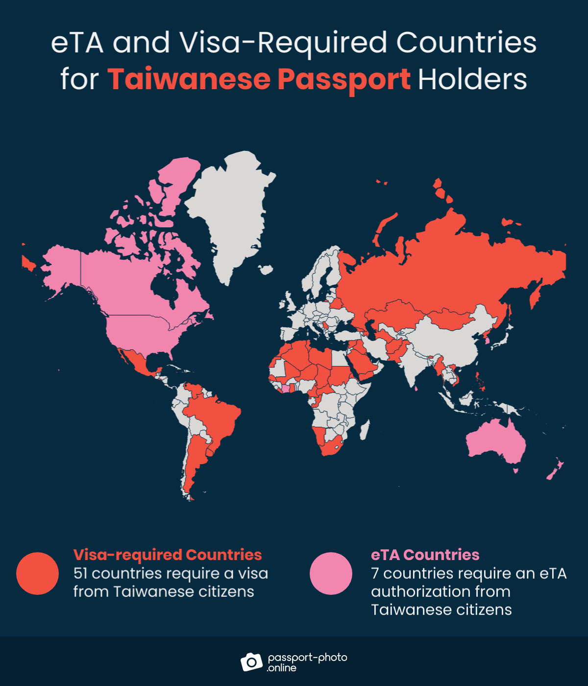 Map of countries Taiwanese citizens are required to have a visa or eTA to visit