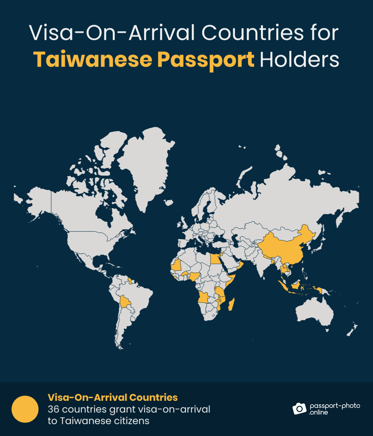 Map of countries Taiwanese citizens can visit with a visa on arrival