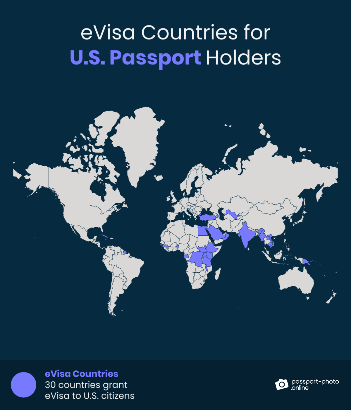 Map of countries US citizens can visit with an eVisa