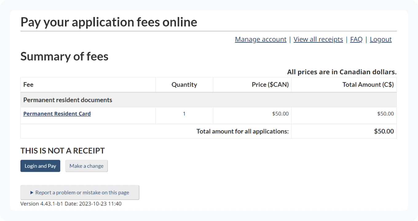 The payment screen for successfully submitted PR card renewal applications.