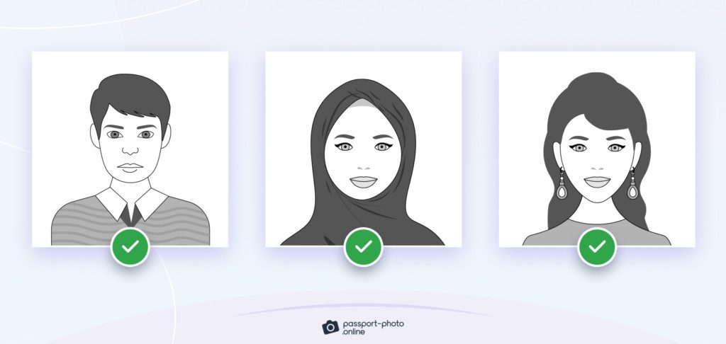 Three pictures showing the correct headwear for passport photos.
