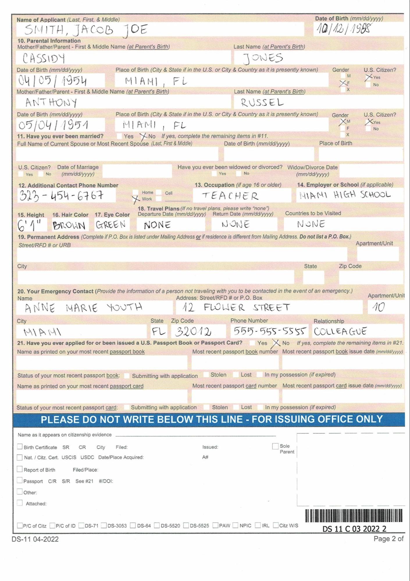 An example of page 2 of a DS-11 form filled out.